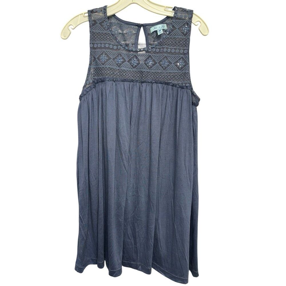 She + Sky Dusty Blue Sleeveless Sheer Lace Embroidered Mini Dress Size Medium